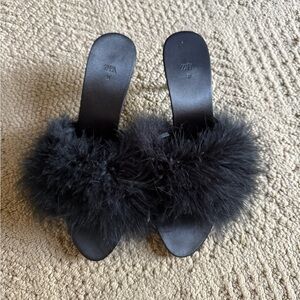 Zara Black Furry Heeled Sandals